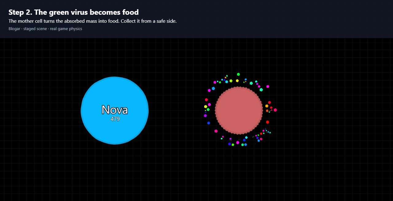 The green virus has been consumed and colourful food surrounds the red mother cell
