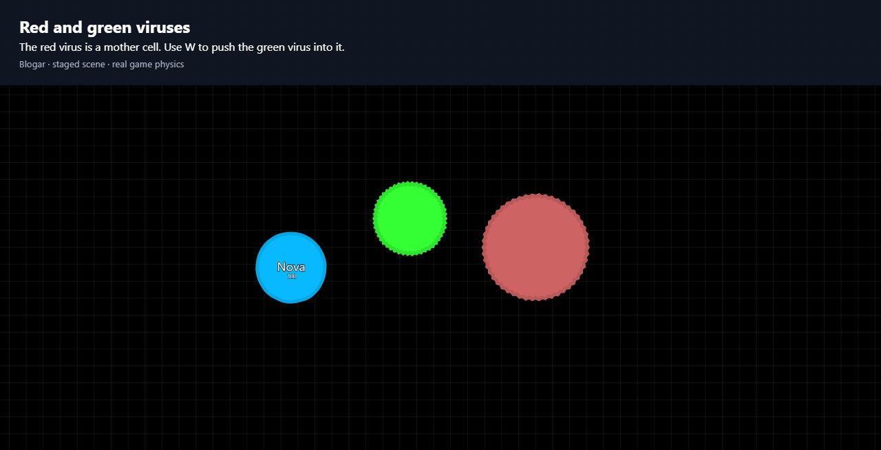 A red mother cell, a green virus and a small player cell in Blogar