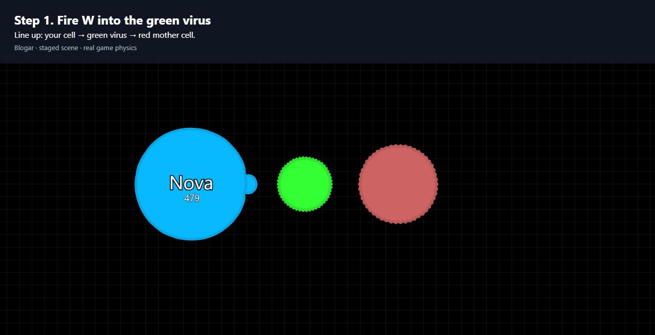 A player fires a W pellet towards a green virus with a red mother cell behind it